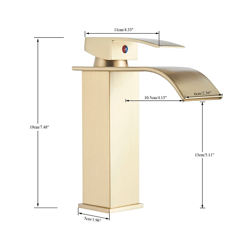 Brushed Gold Bathroom Basin Faucet Deck Mounted Waterfall Sink Faucet Cold Hot Water Mixer Single Handle Single Hole Water Taps