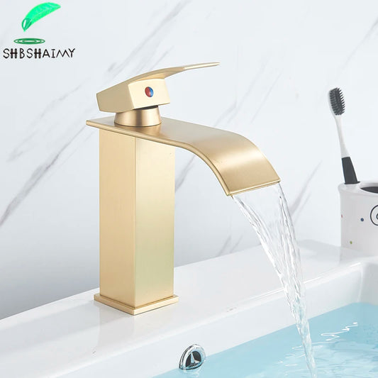 Brushed Gold Bathroom Basin Faucet Deck Mounted Waterfall Sink Faucet Cold Hot Water Mixer Single Handle Single Hole Water Taps