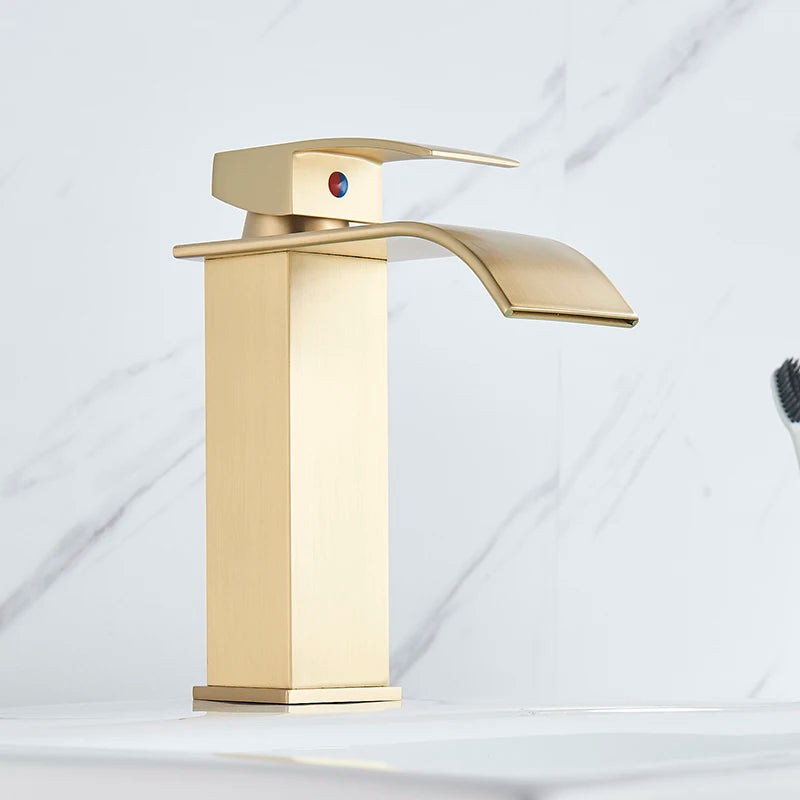 Brushed Gold Bathroom Basin Faucet Deck Mounted Waterfall Sink Faucet Cold Hot Water Mixer Single Handle Single Hole Water Taps