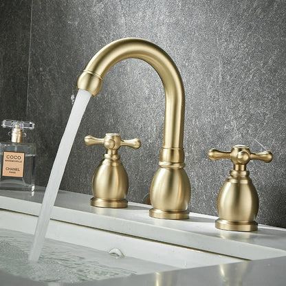 Luxury Brushed Gold Basin Faucet Brass Bathroom Faucet Widespread Antique Sink Faucets 3 Hole Hot Cold Sink Faucet Water Tap