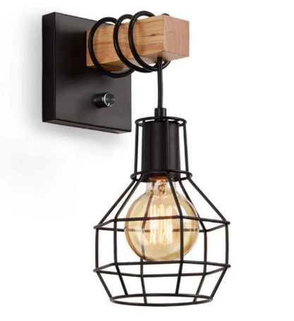 China Wall Sconce Modern Retro Bedside Wall Lamp Cage Light Black Color with Wooden Base Bracket Light for Aisle Indoor WL0334