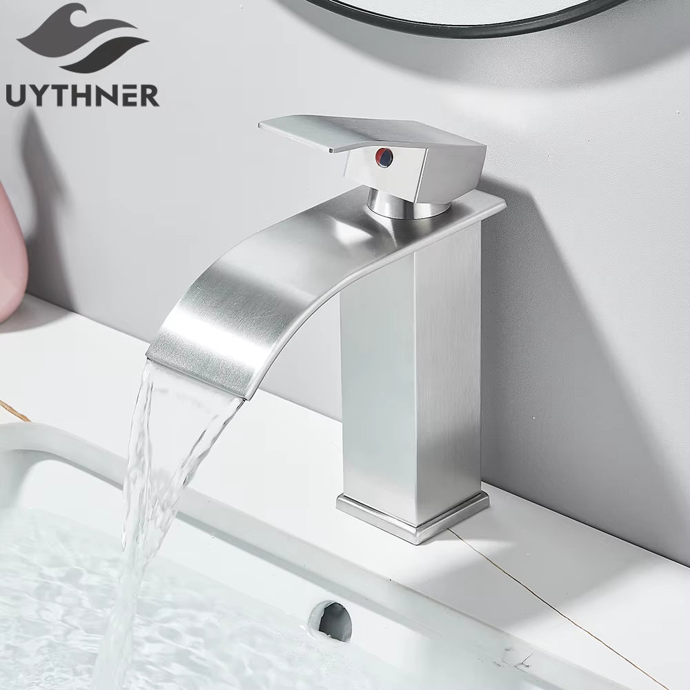 Brushed Golden Basin Faucets Elegant Waterfall Bathroom Sink Faucet Single Lever Hole Deck Mount Brass Mixer Taps