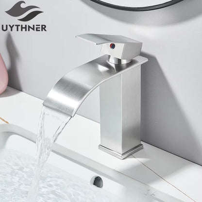 Brushed Golden Basin Faucets Elegant Waterfall Bathroom Sink Faucet Single Lever Hole Deck Mount Brass Mixer Taps