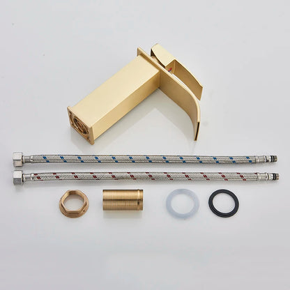 Brushed Gold Bathroom Basin Faucet Deck Mounted Waterfall Sink Faucet Cold Hot Water Mixer Single Handle Single Hole Water Taps