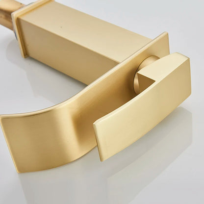 Brushed Gold Bathroom Basin Faucet Deck Mounted Waterfall Sink Faucet Cold Hot Water Mixer Single Handle Single Hole Water Taps