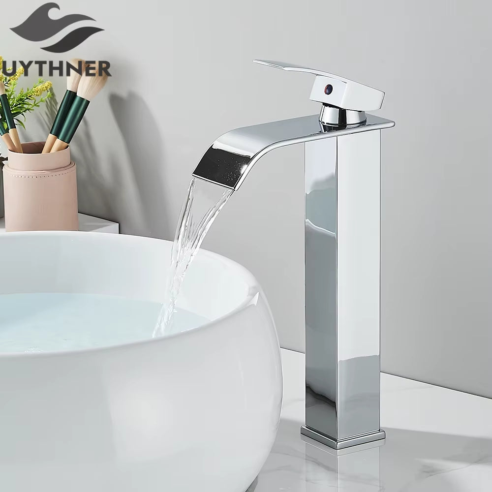 Brushed Golden Basin Faucets Elegant Waterfall Bathroom Sink Faucet Single Lever Hole Deck Mount Brass Mixer Taps