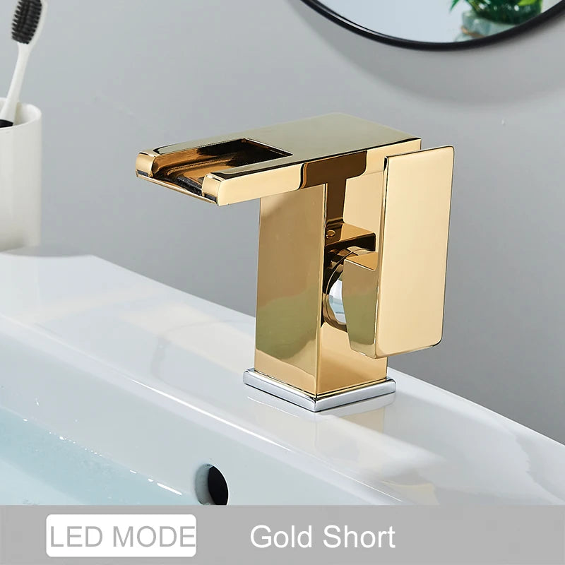 Luxury LED Color Changing Waterfall Basin Sink Faucet Single Handle Deck Mounted Hot and Cold Mixer Taps