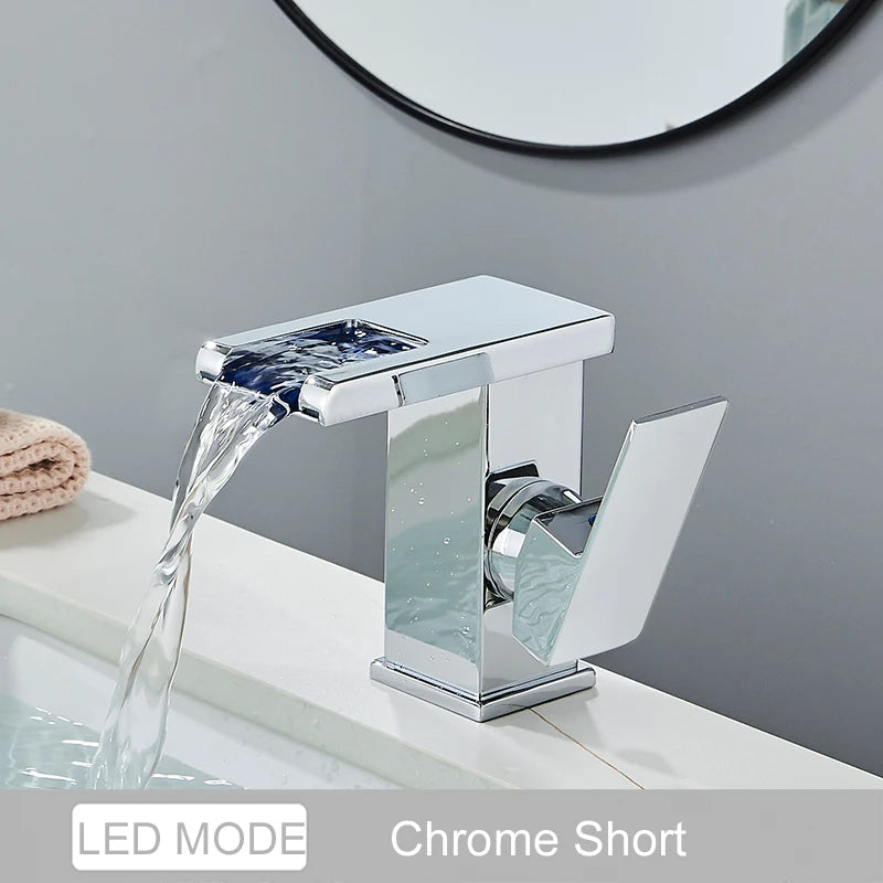Luxury LED Color Changing Waterfall Basin Sink Faucet Single Handle Deck Mounted Hot and Cold Mixer Taps