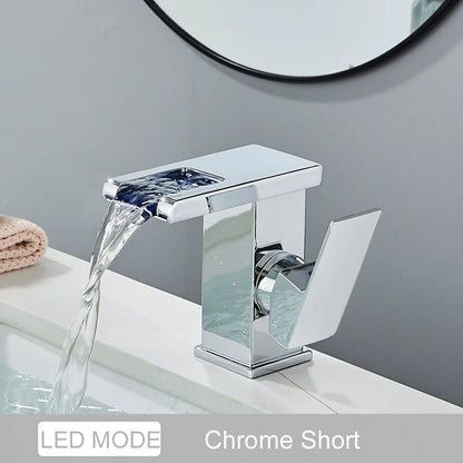 Luxury LED Color Changing Waterfall Basin Sink Faucet Single Handle Deck Mounted Hot and Cold Mixer Taps