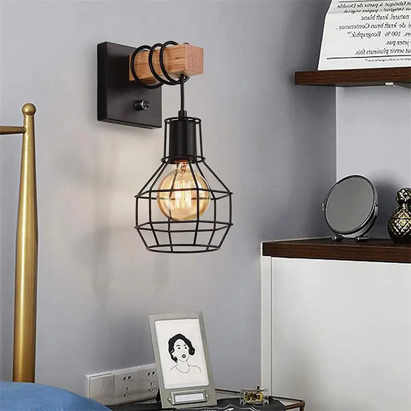 China Wall Sconce Modern Retro Bedside Wall Lamp Cage Light Black Color with Wooden Base Bracket Light for Aisle Indoor WL0334