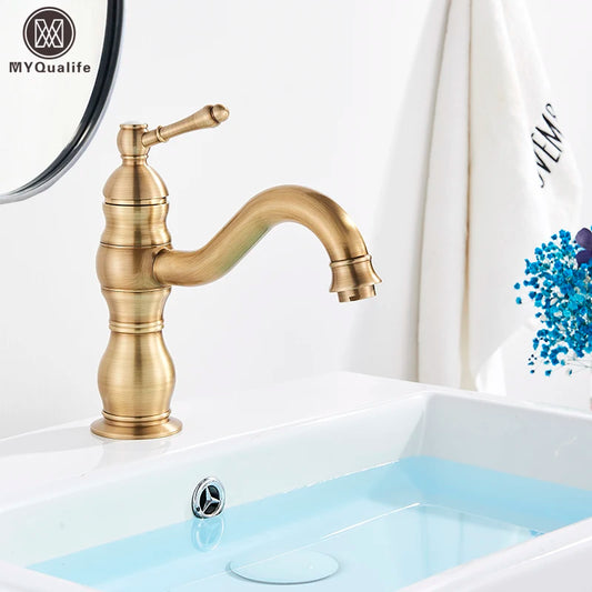 Luxurious Antique Bathroom Basin Faucet Brass Deck Mounted White Mixer Taps Short Hot and Cold Mixer Tap