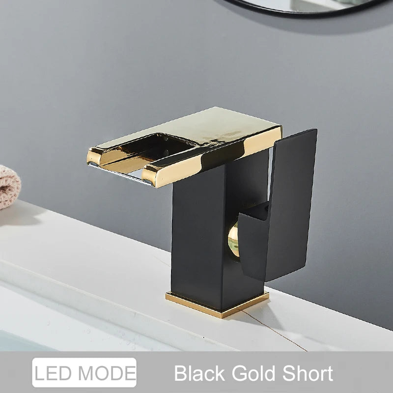 Luxury LED Color Changing Waterfall Basin Sink Faucet Single Handle Deck Mounted Hot and Cold Mixer Taps