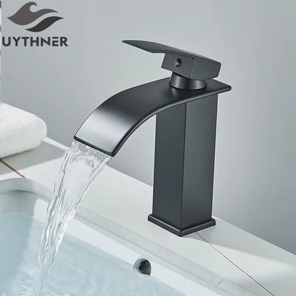 Brushed Golden Basin Faucets Elegant Waterfall Bathroom Sink Faucet Single Lever Hole Deck Mount Brass Mixer Taps