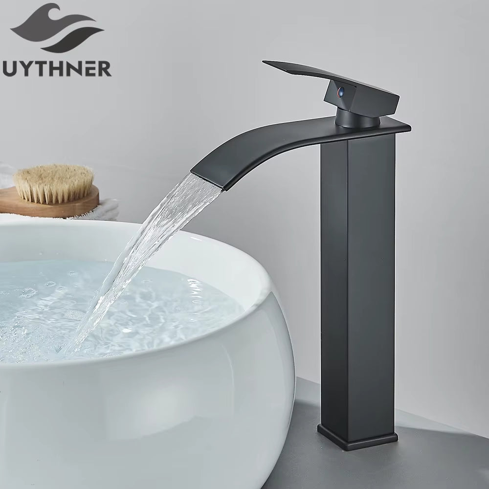 Brushed Golden Basin Faucets Elegant Waterfall Bathroom Sink Faucet Single Lever Hole Deck Mount Brass Mixer Taps