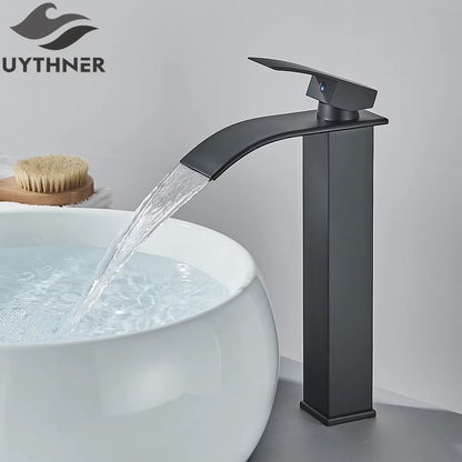 Brushed Golden Basin Faucets Elegant Waterfall Bathroom Sink Faucet Single Lever Hole Deck Mount Brass Mixer Taps
