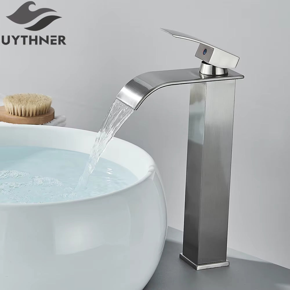 Brushed Golden Basin Faucets Elegant Waterfall Bathroom Sink Faucet Single Lever Hole Deck Mount Brass Mixer Taps