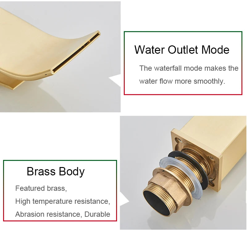 Brushed Gold Bathroom Basin Faucet Deck Mounted Waterfall Sink Faucet Cold Hot Water Mixer Single Handle Single Hole Water Taps